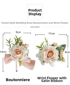 Détails du boutonnière rose champagne 14x9cm et du corsage de poignet 11x9cm avec ruban