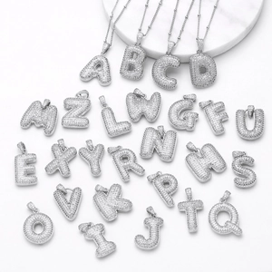 Silver tone bubble alphabet A-Z initial necklaces set with full cubic zirconia stones