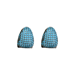 Bohemian C-shaped hoop earrings with sky blue micro-set zircon on white background