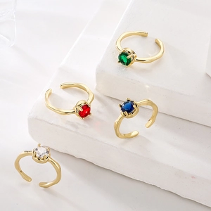 Vintage Gold Plated Copper Open Ring For Women Round Cubic Zirconia Geometric Hammered Texture Adjustable Finger Band