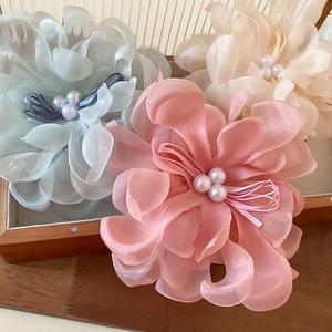 Elegant lace flower hair claw clip with faux pearls in pink, blue, and beige colors