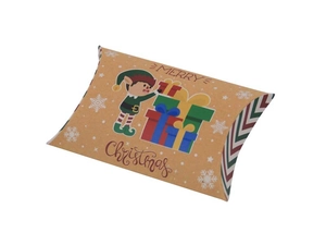 Detail of kraft paper Christmas pillow box with cartoon elf and gift patterns