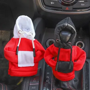 Creative hoodie-style car gear shift cover in red, white, and black knitted fabric