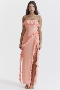 Détails de la robe longue bustier pêche avec bords à volants et fente haute sexy