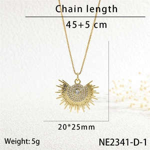 Macro shot of sun-shaped pendant with zircons showing 45 plus 5 cm chain length