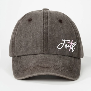 Washed charcoal grey cotton baseball cap with Faith and pink cross embroidery