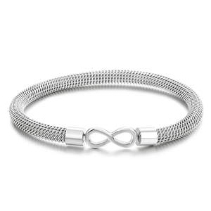 Silver infinity mesh bracelet in stainless steel with woven wire texture and open design