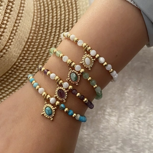 Vintage Natural Stone Beaded Bracelet With Stainless Steel Brass Oval Pendant Bohemian Style For Women