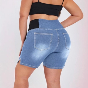 Women's plus size high waist blue denim shorts with slim fit and butt-lifting design