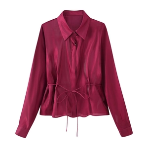 Burgundy long sleeve bow-tie waist blouse with a glossy translucent finish for women