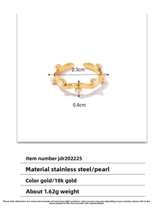 Detailed view of gold wavy open ring with white pearls and 2.3cm dimension marking
