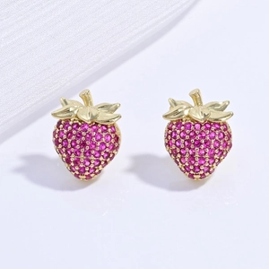 Sparkling gold-plated strawberry stud earrings with pink cubic zirconia stones