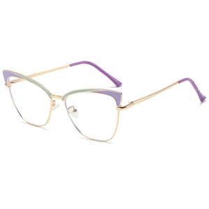 Cat eye gold metal frame glasses with purple and mint green enamel accents in a 45-degree view