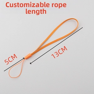 Close-up of orange nylon wrist lanyard with detailed 13cm and 5cm size measurements