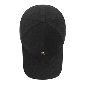 Black herringbone baseball cap with golden metal R logo and curved brim for unisex wear
