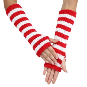 Scaldabraccia lunghi in maglia a righe rosse e bianche con design senza dita per inverno