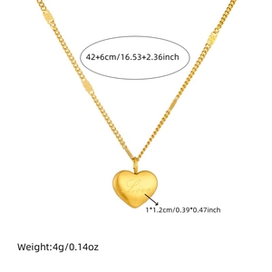 Gold stainless steel heart pendant necklace with Love engraving and size measurements