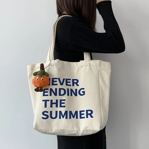Large Capacity Canvas Tote Bag Letter Print Never Ending Summer Simple Magnetic Closure Shoulder Handbag Women Students