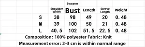 Tabella delle taglie dettagliata per maglione da donna in maglia con misure in S, M e L