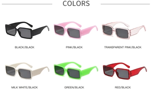 Detailed grid view of trendy retro rectangle sunglasses in six fashionable frame colors