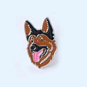 Detail view of German Shepherd enamel pin brooch with brown and black metal finish