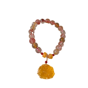 Elegant Rutilated Quartz and Red Agate Lotus Bracelet with Yellow Flower Charm