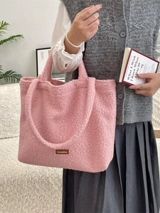 Borsa tote rosa in morbido peluche riccio di grande capacità per spalla autunno-inverno