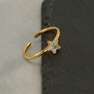 Adjustable gold stainless steel star ring with sparkling cubic zirconia stone for women