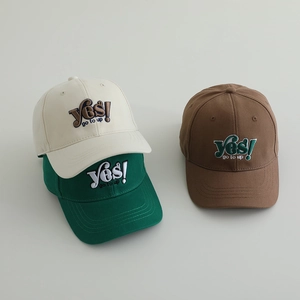 Kids baseball cap with 'Yes! go to up' embroidery in beige, green and brown cotton canvas