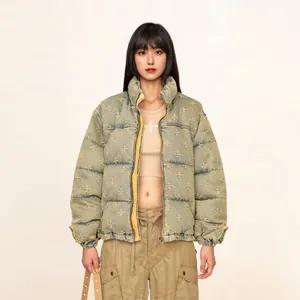 Retro denim blue puffer jacket with yellow star embroidery and a stand collar design