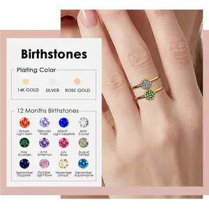 Pavé Birthstone Ring Stainless Steel Cubic Zirconia Round Dainty Minimalist Jewelry For Women