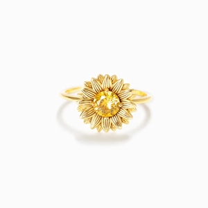 Elegant s925 silver sunflower ring with yellow gemstone on a white background