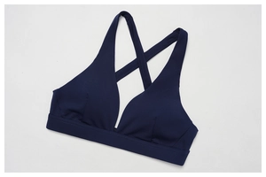 Detailed view of dark blue yoga sports bra featuring stylish thin criss-cross back straps