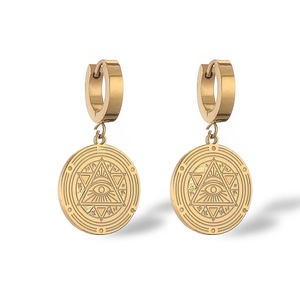 Gold evil eye hoop earrings with celestial star and zodiac engraving on circular charms