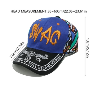 Detailed dimensions of blue sun hat with graffiti print and embroidered SWAG logo