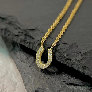 18k gold plated horseshoe U-shaped necklace with micro-paved cubic zirconia on black rock