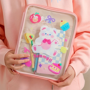 Pink cartoon bear transparent mesh iPad sleeve showing internal multi-layer storage detail