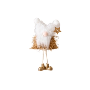 Christmas gnome ornament with white plush beard and gold boots on white background