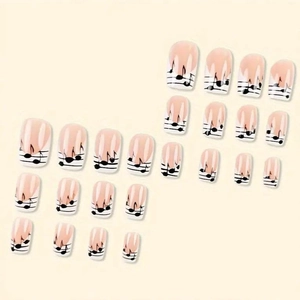 Press-on nails featuring musical notes and a nude pink base in French style, 24 pieces set