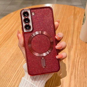 Detail of red glitter magnetic phone case with MagSafe ring for Samsung S series