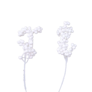 Two stems of white artificial foam berries for Christmas tree DIY decor on white background