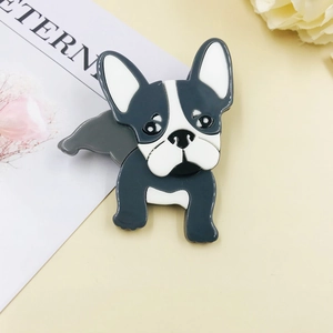 Cute French Bulldog acrylic brooch with sleek dark grey and white enamel finish for jackets