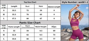 Detailed size guide for seamless knit sports bra and yoga shorts in purple fabric