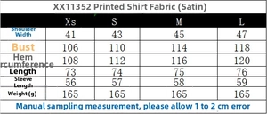 Size chart for women's satin blouse detailing shoulder, chest, and length measurements