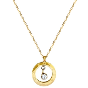 Minimalist gold titanium steel necklace featuring a Roman numeral ring pendant with crystal