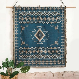 Detailed close-up of bohemian woven tapestry with fringe and ethnic geometric patterns