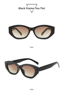 Detailed front and side views of black cat-eye sunglasses with gradient tea lenses