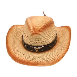 Detail of woven straw cowboy hat with black leather band and silver bull skull emblem