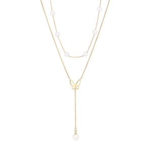 Double-layer gold plated butterfly necklace with elegant pearls and Y-shaped drop pendant