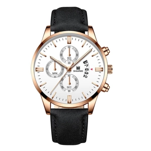 Detailed close-up of SHAARMS men's quartz watch with rose gold case and black leather strap